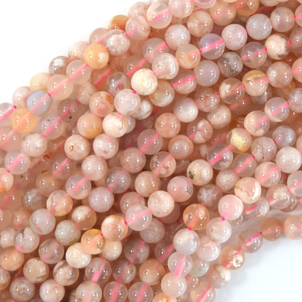 Natural Peach Cherry Blossom Sakura Agate Round Beads 15