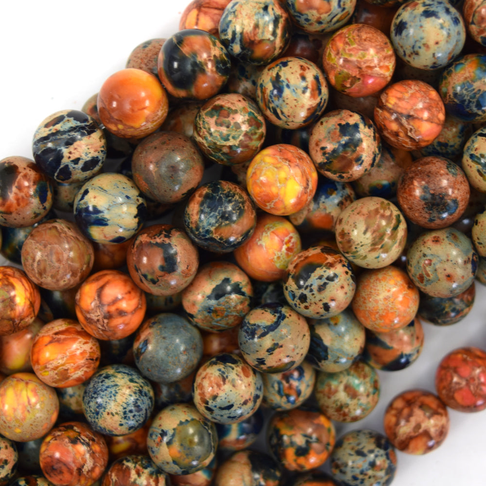 Galaxy Blue Orange Sea Sediment Jasper Round Beads 15" Strand 6mm 8mm 10mm