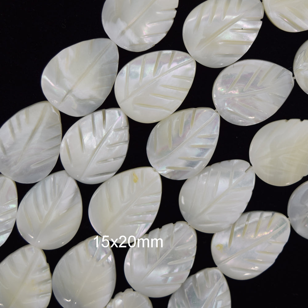 White Mother Of Pearl MOP Carved Leaf Beads Gemstone 15.5" Strand 14mm 20mm