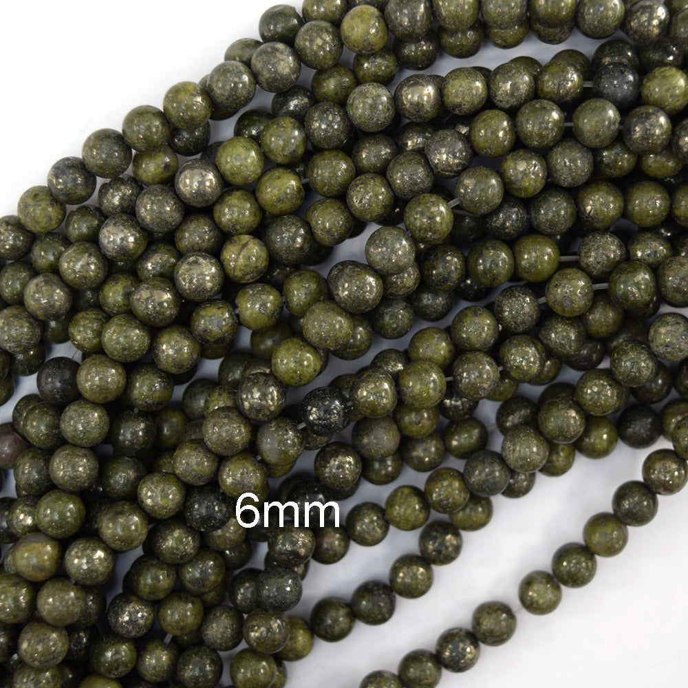 Natural Green Epidote Pyrite Inclusion Round Beads 15" Strand 4mm 6mm 8mm 10mm