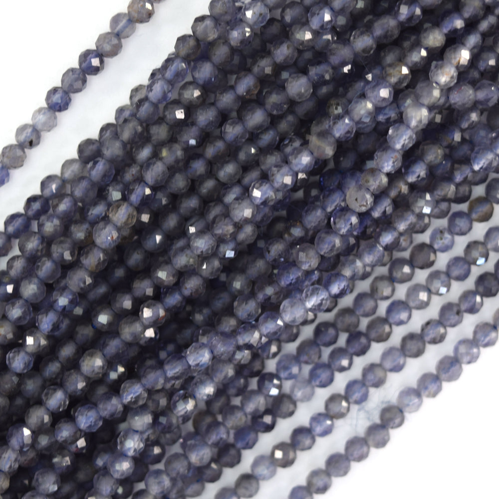 Natural Faceted Blue Iolite Round Beads Gemstone 15.5" Strand 3mm 4mm