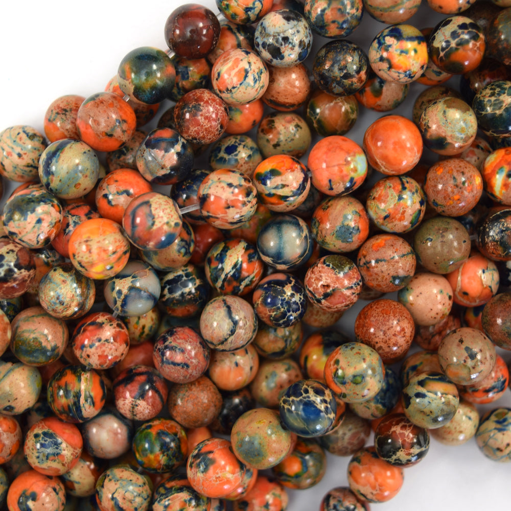 Galaxy Blue Orange Sea Sediment Jasper Round Beads 15" Strand 6mm 8mm 10mm