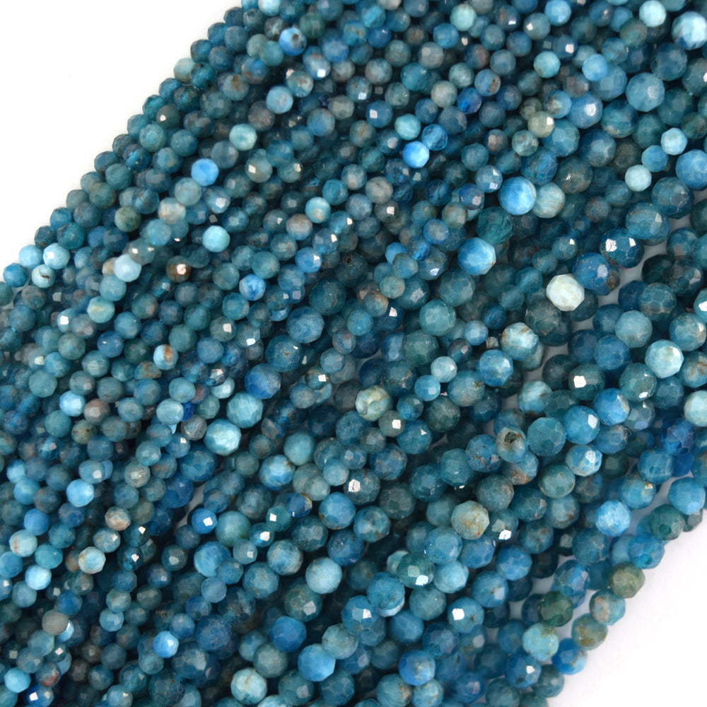 Natural Faceted Blue Apatite Round Beads 15.5" Strand 3mm 4mm