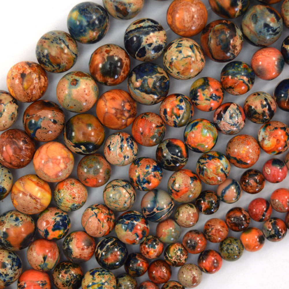 Galaxy Blue Orange Sea Sediment Jasper Round Beads 15" Strand 6mm 8mm 10mm