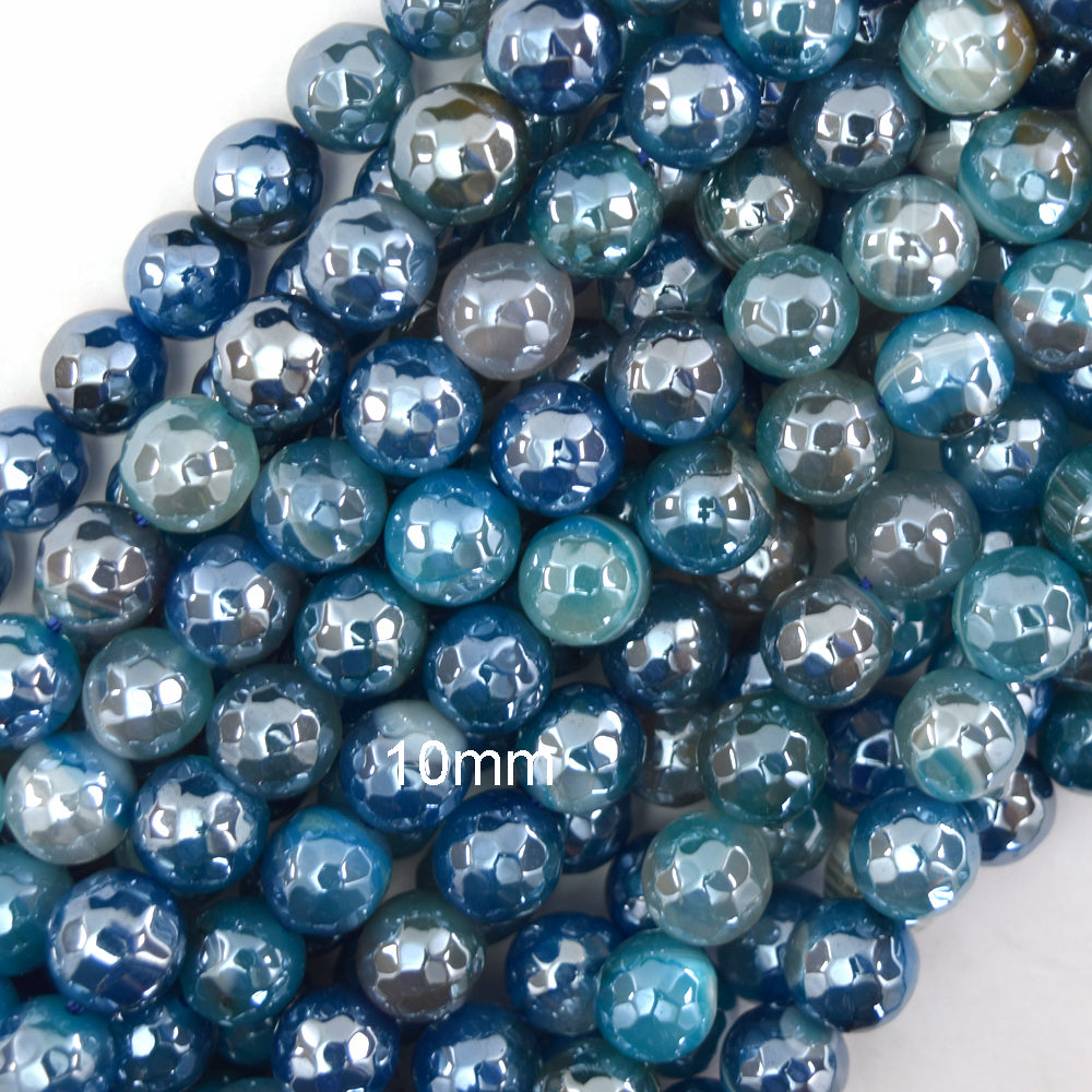 Mystic Titanium Faceted Blue Stripe Agate Round Beads 15" Strand 6mm 8mm 10mm S2