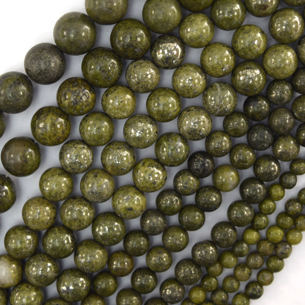 Natural Green Epidote Pyrite Inclusion Round Beads 15" Strand 4mm 6mm 8mm 10mm