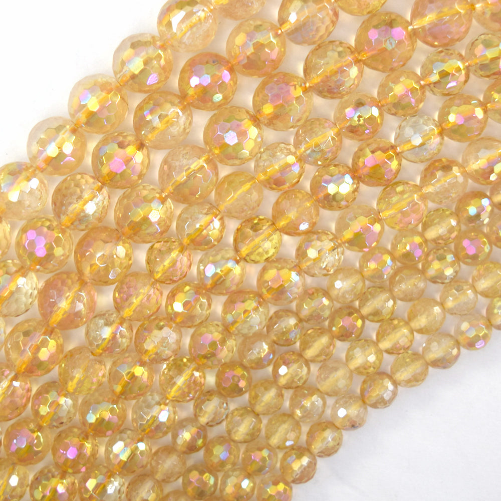 Mystic Titanium Faceted Yellow Citrine Round Beads 15" Strand 6mm 8mm 10mm