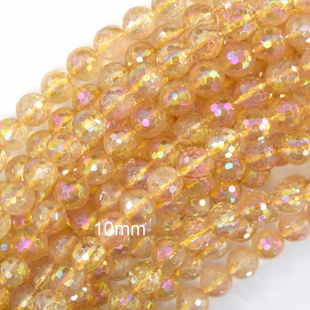 Mystic Titanium Faceted Yellow Citrine Round Beads 15" Strand 6mm 8mm 10mm