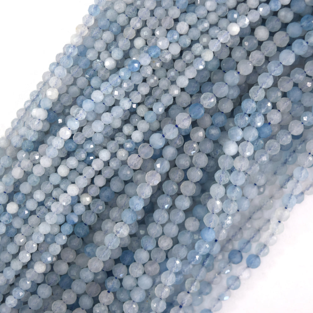 Natural Faceted Blue Aquamarine Round Beads 15.5" Strand 3mm 4mm