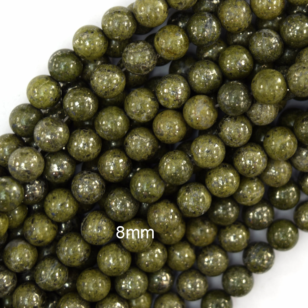 Natural Green Epidote Pyrite Inclusion Round Beads 15" Strand 4mm 6mm 8mm 10mm