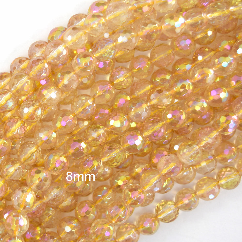 Mystic Titanium Faceted Yellow Citrine Round Beads 15" Strand 6mm 8mm 10mm