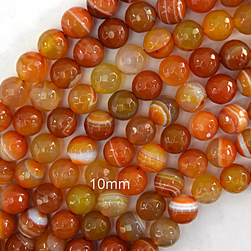 Faceted Orange Red Stripe Carnelian Round Beads 14.5" Strand 6mm 8mm 10mm