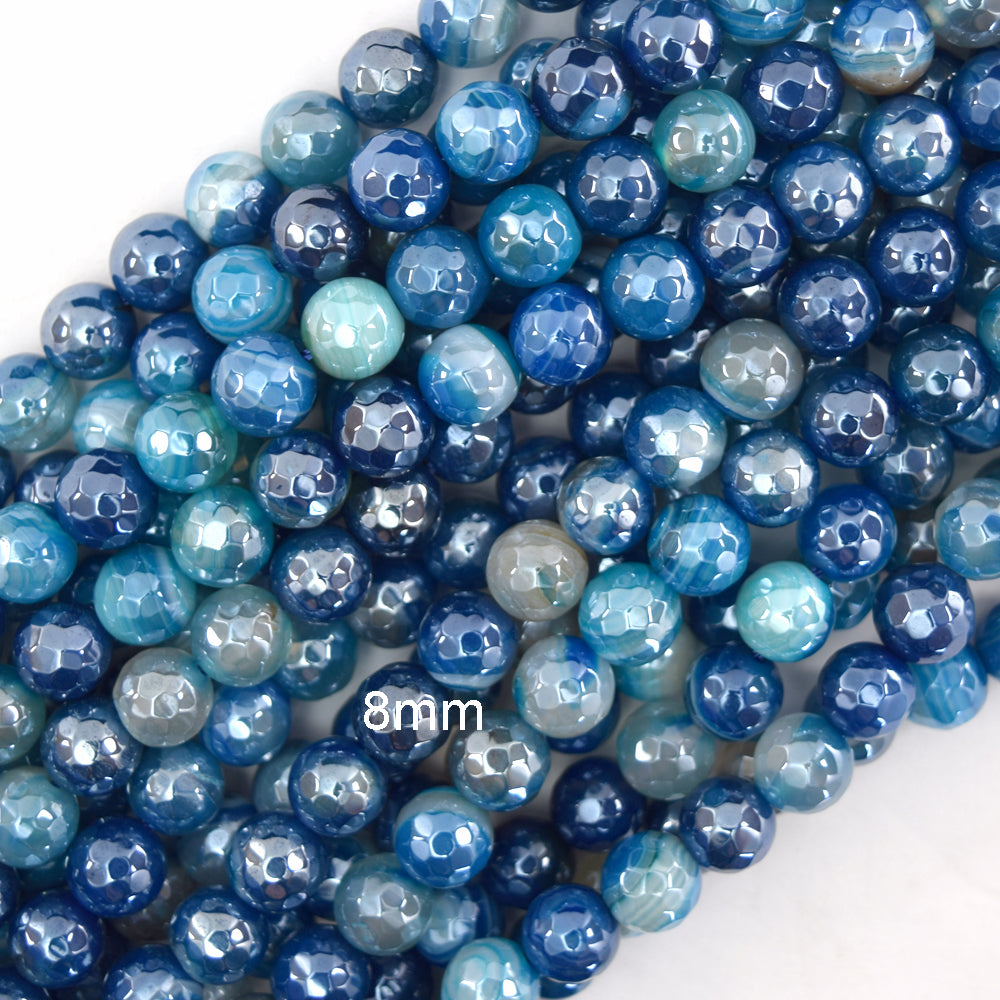 Mystic Titanium Faceted Blue Stripe Agate Round Beads 15" Strand 6mm 8mm 10mm S2