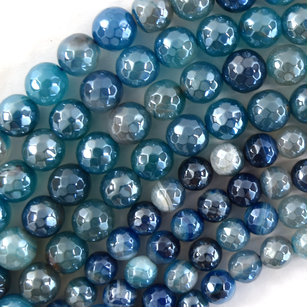 Mystic Titanium Faceted Blue Stripe Agate Round Beads 15" Strand 6mm 8mm 10mm S2