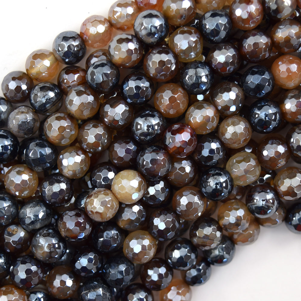 Mystic Titanium Faceted Brown Agate Round Beads 15" Strand 6mm 8mm 10mm