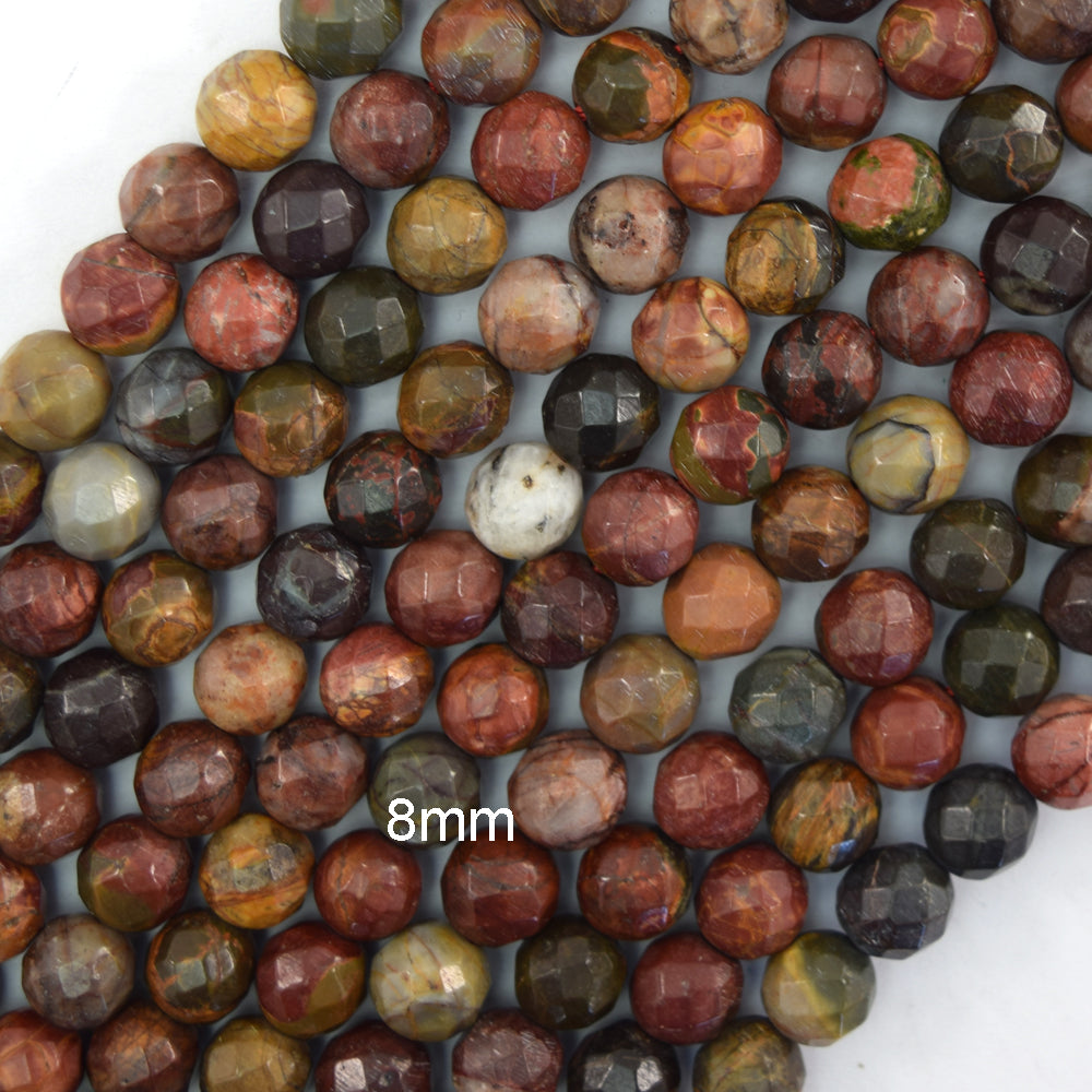 Natural Faceted Picasso Jasper Round Beads Gemstone 14.5" Strand 6mm 8mm 10mm